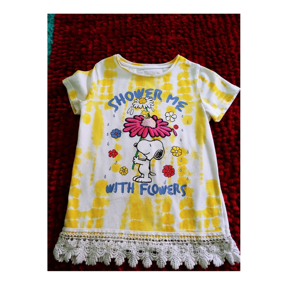 365 Kids From Garanimals Girls Peanuts Lace Hem Tee, White/yellow, Size 6